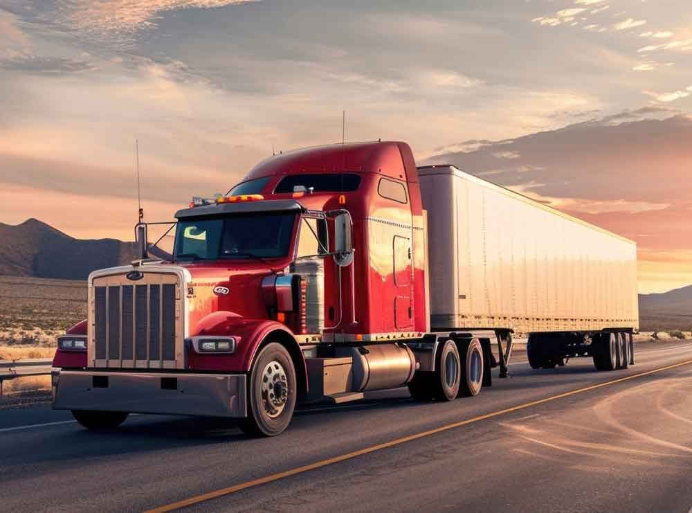 Red semi-truck hauling a white trailer on a highway at sunset