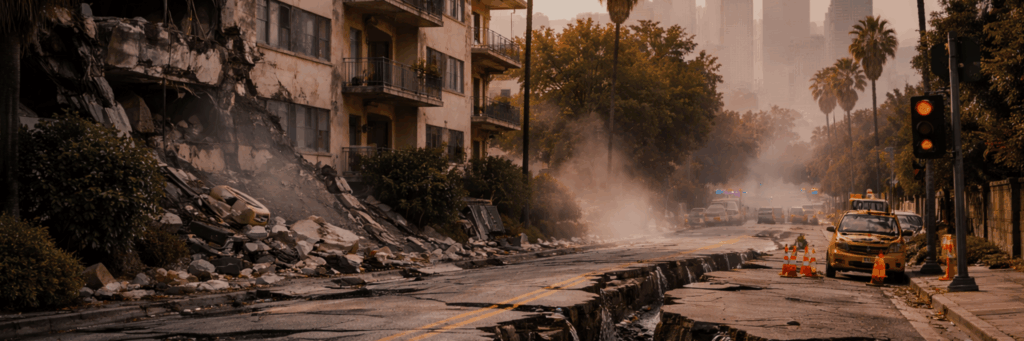 Smoke-filled street with cracked pavement, damaged cars, and debris after a disaster