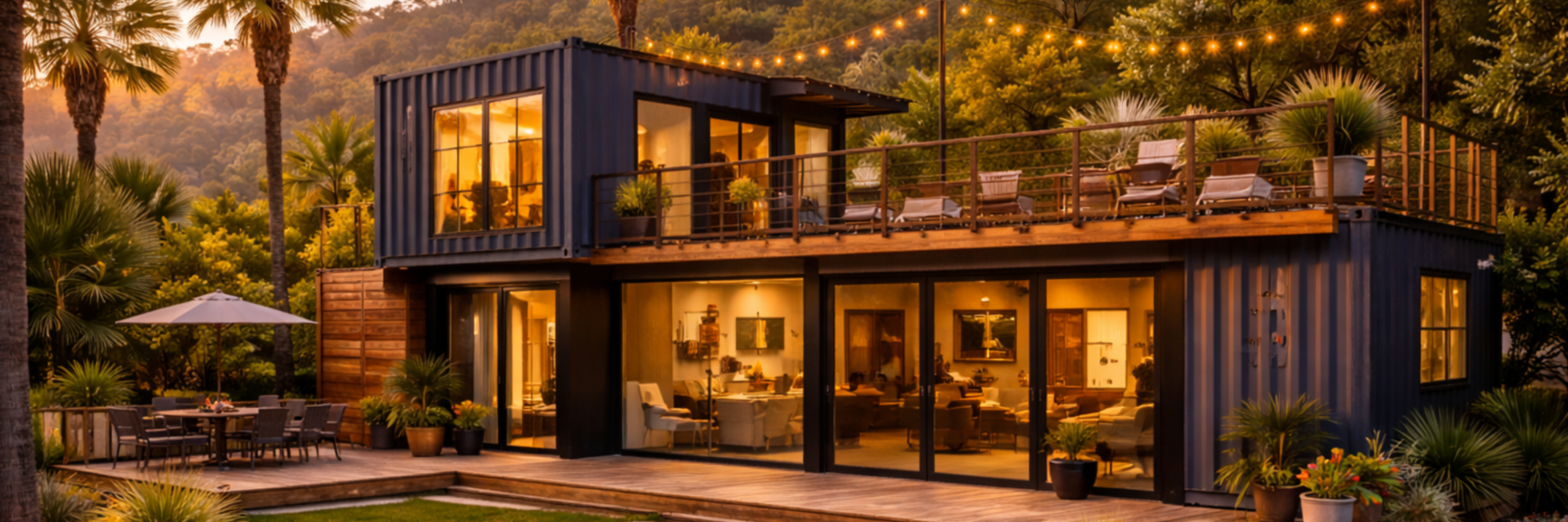 Modern glass house with warm interior lights at sunset, surrounded by palm trees and desert landscaping