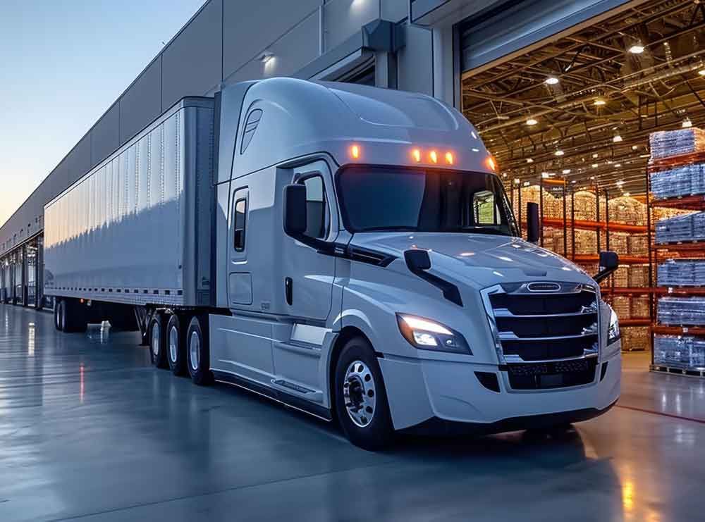 Silver semi-truck parked in a warehouse loading bay with stacked cargo pallets in the background