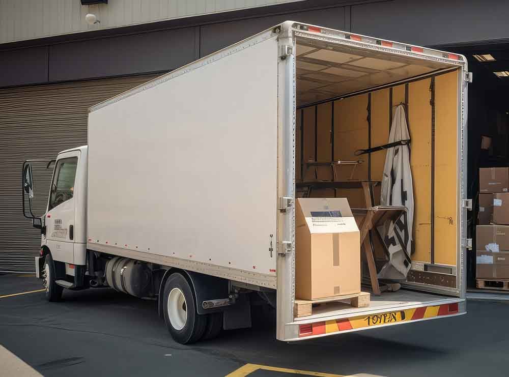 White delivery truck with open cargo bay unloading boxes and equipment at a warehouse dock