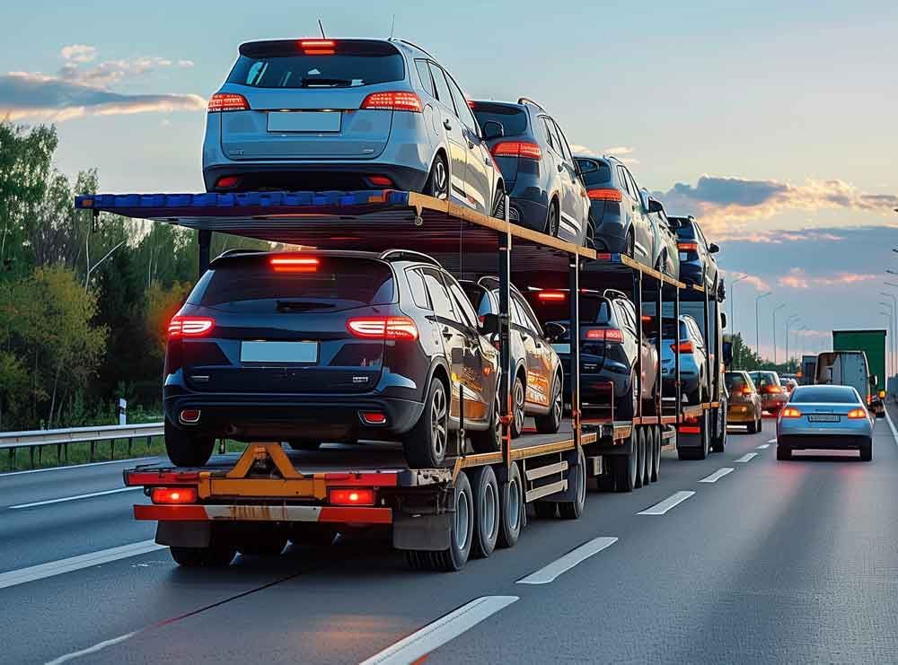 Car carrier truck transporting several cars on a highway at sunset with traffic ahead