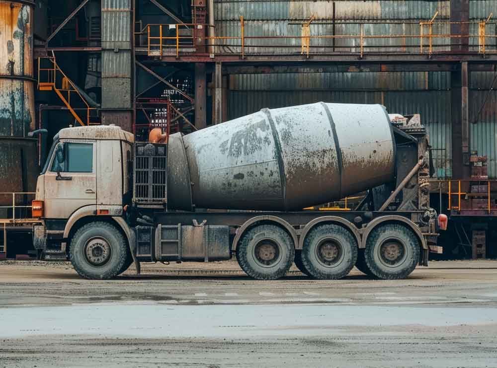 Cement mixer truck parked outside an industrial building