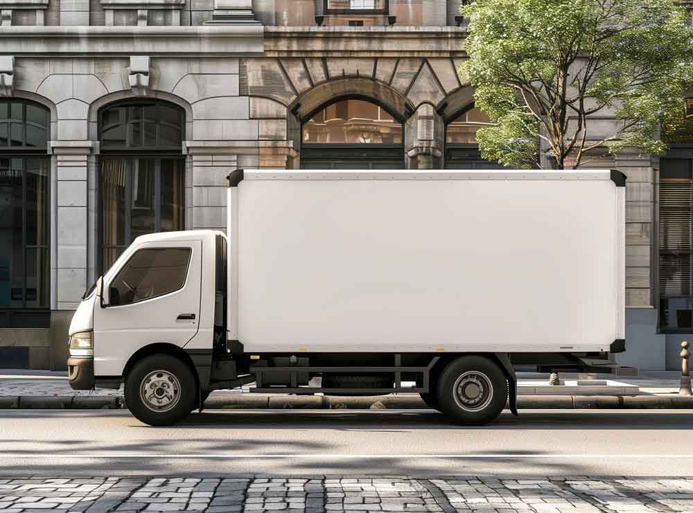 White box truck parked on a city street in front of a stone building