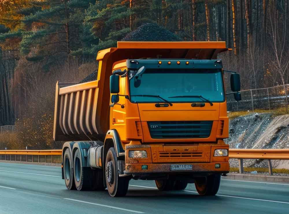 Orange dump truck driving on a highway through a wooded area.