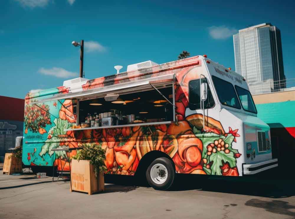 Colorful food truck with open serving window parked outdoors beside a city building
