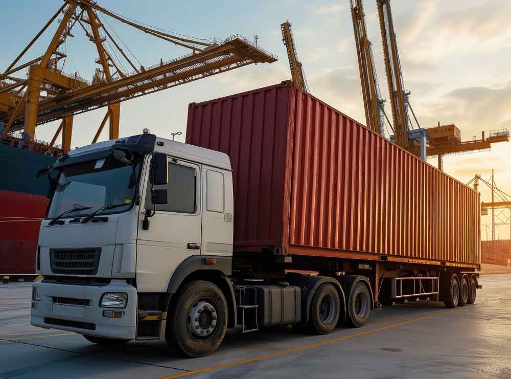 White cargo truck hauling a red shipping container at a port with cranes at sunset