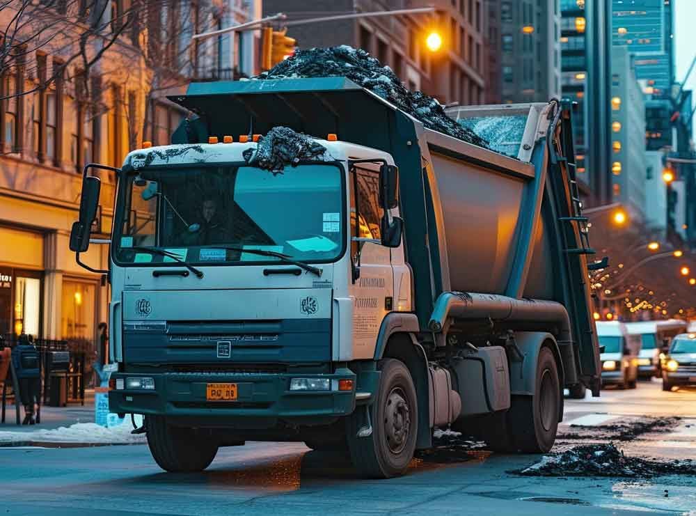 Snow-covered dump truck on a city street at dusk, with lit buildings and traffic in the background