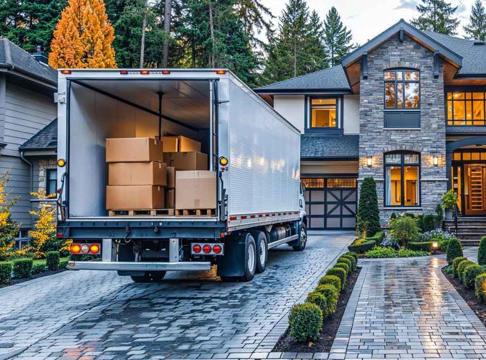 Moving truck unloading boxes at a suburban house with lit windows and a stone driveway