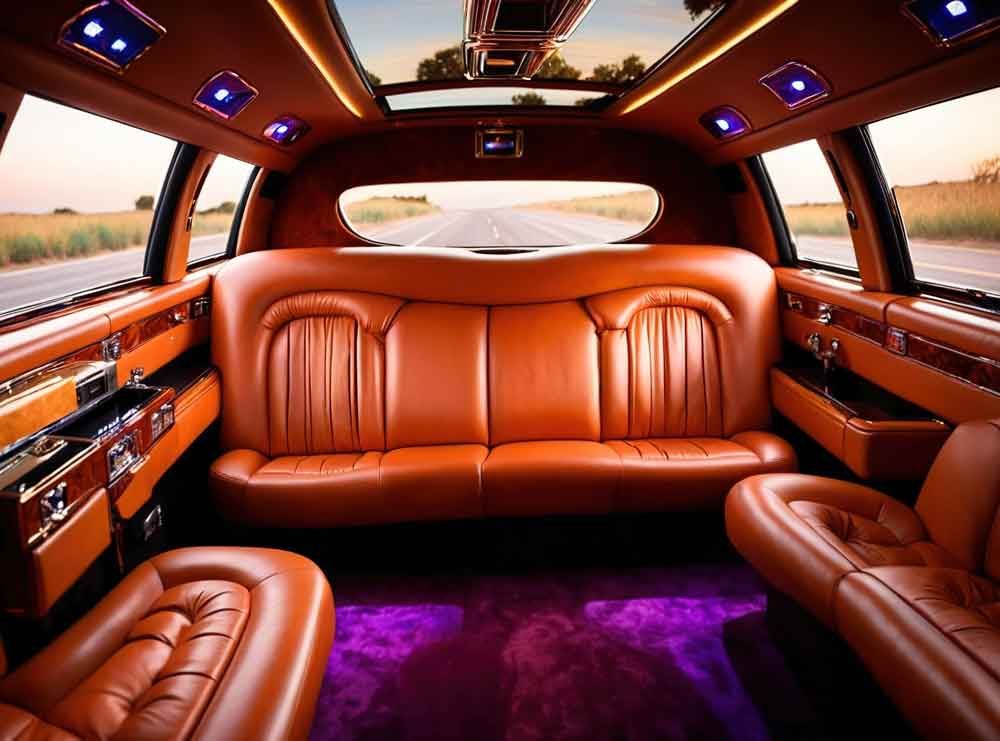 Luxurious tan leather limousine interior with purple lighting and a rear window view of the road