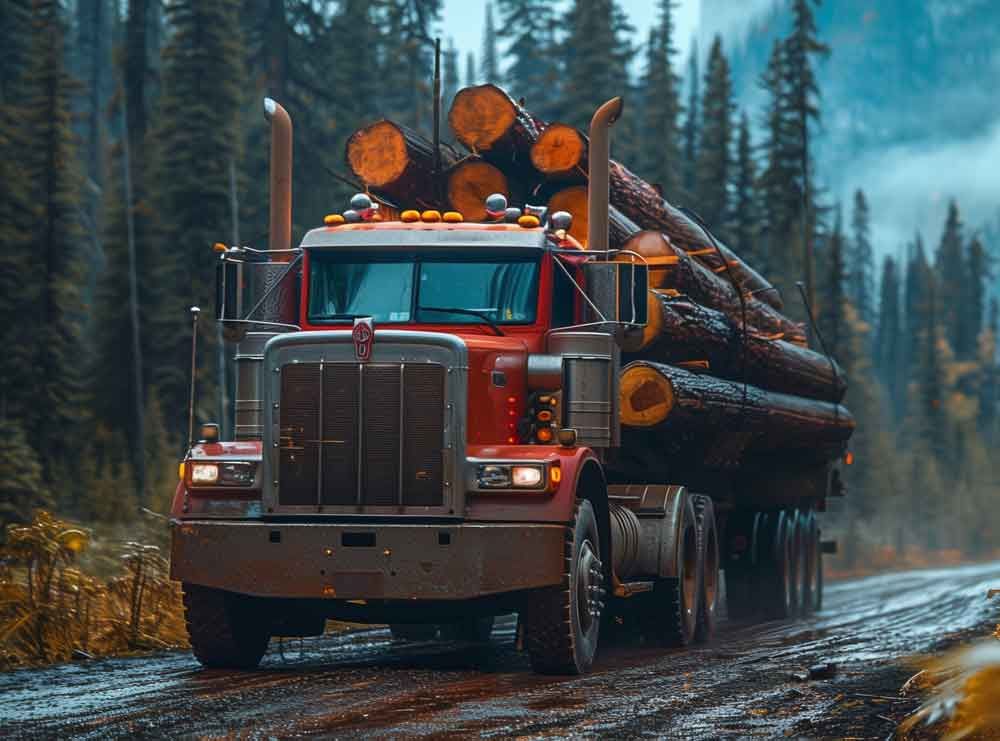 Red logging truck hauling cut logs on a muddy forest road in a pine forest