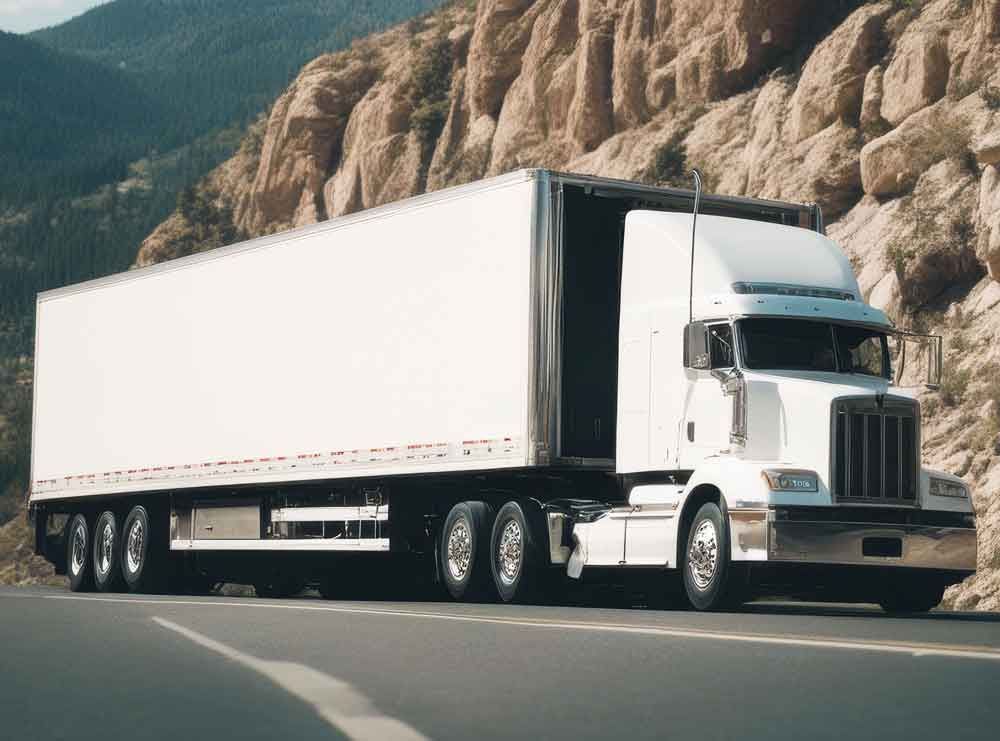 White semi-truck with box trailer driving on a mountain road beside rocky cliffs