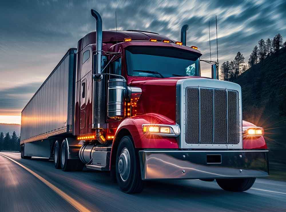 Red semi-truck with trailer driving on a highway at dusk under a cloudy sky