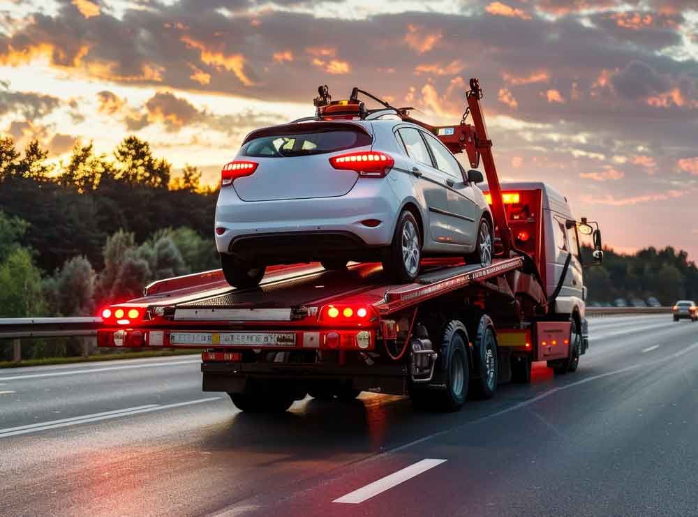 Tow truck hauling a silver car on a highway at sunset