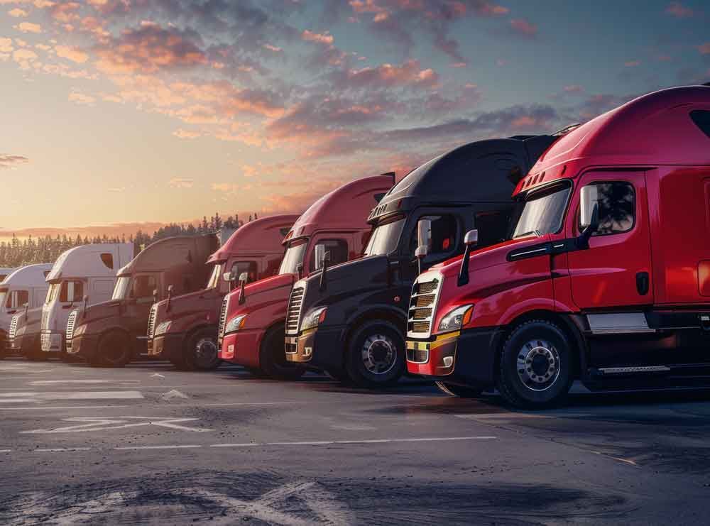 Row of colorful semi trucks parked at sunset in an industrial lot