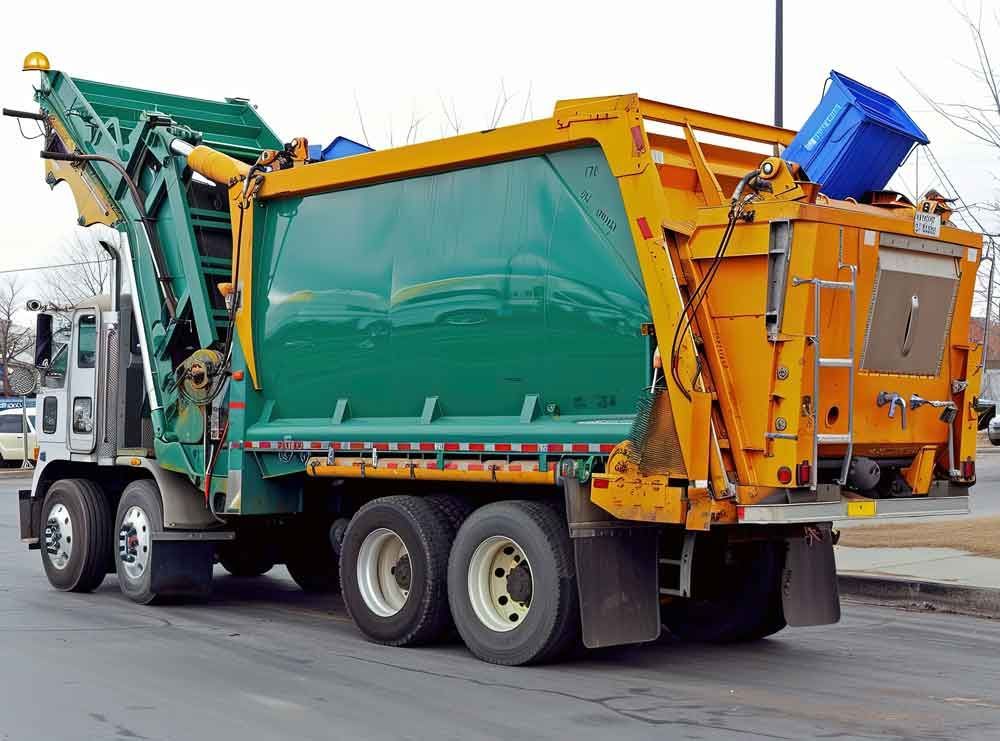 Green and orange garbage truck on a street, rear loading mechanism visible