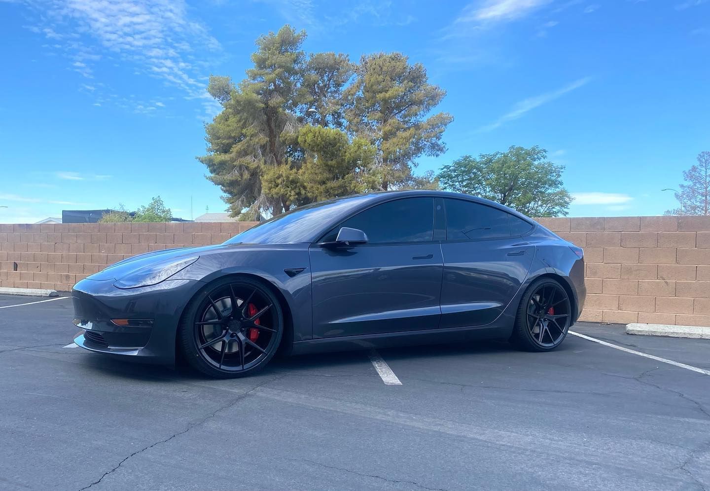 Black sports coupe parked in a lot, side view, with trees and a brick wall in the background