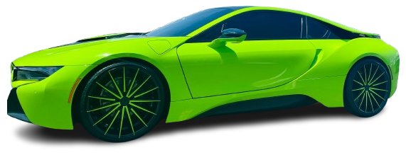 Bright lime green sports car in side view on a white background