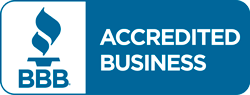 BBB Accredited Business logo, blue and white, with a torch and the words 