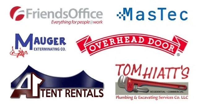 Logos of six businesses: FriendsOffice, MasTec, Mauger Exterminating Co., Overhead Door, A1 Tent Rentals, and Tom Hiatt's Plumbing. | Findlay Auto Plus