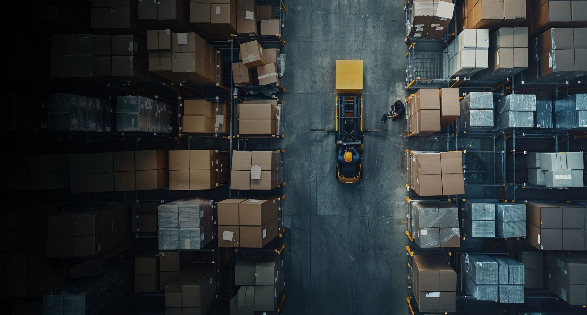 Forklift in warehouse picking up a box