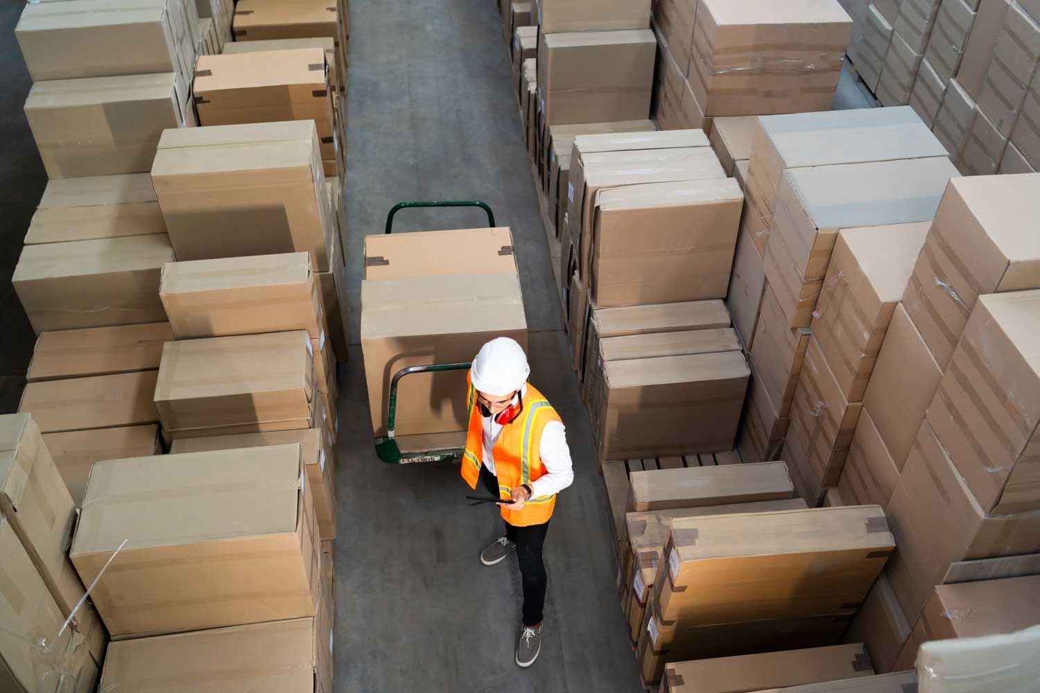 Worker in a warehouse pushing a cart
