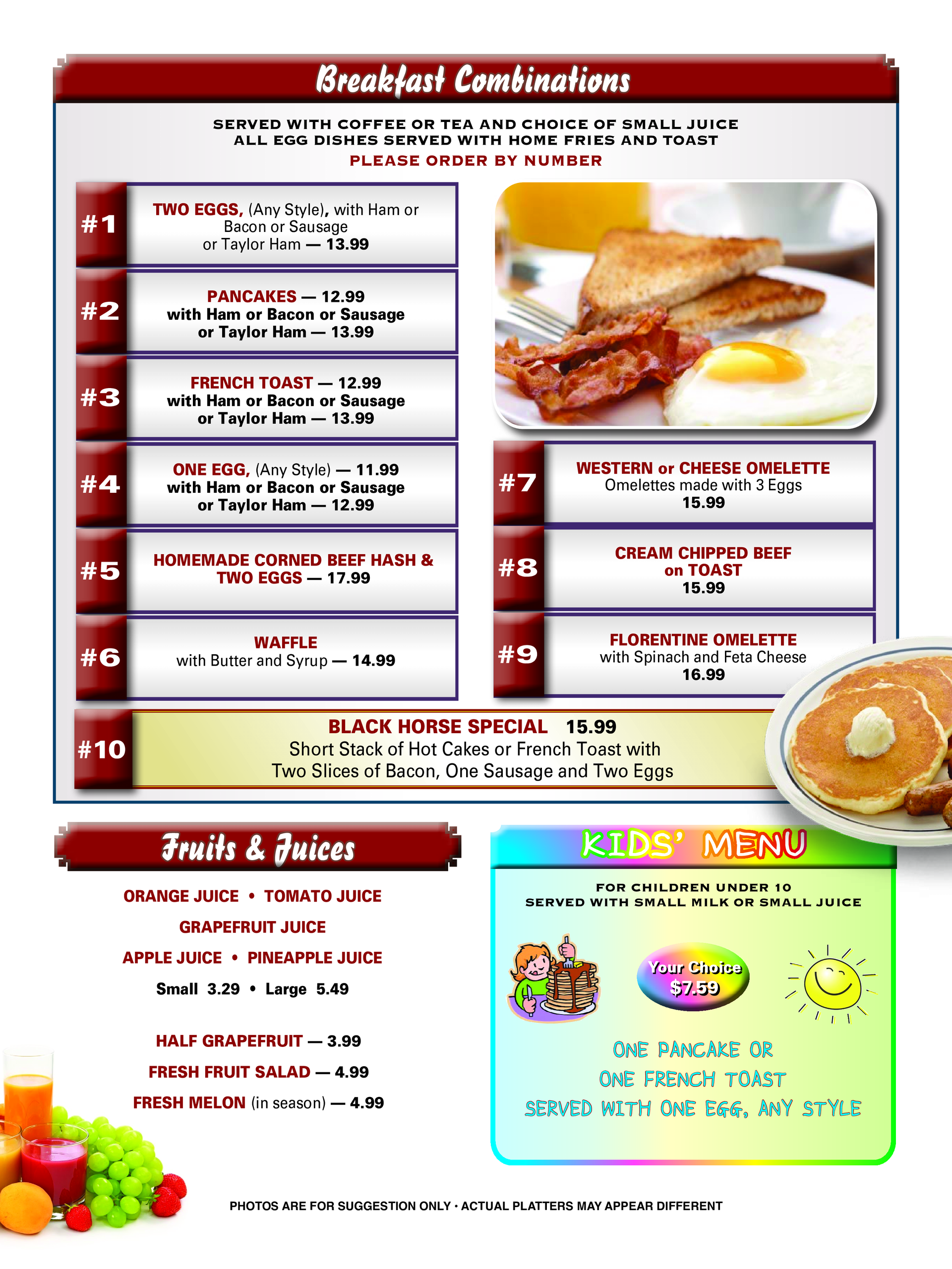 a menu for a restaurant shows breakfast combinations and fruits and juices — The Black Horse Breakfast in Ephraim, NJ