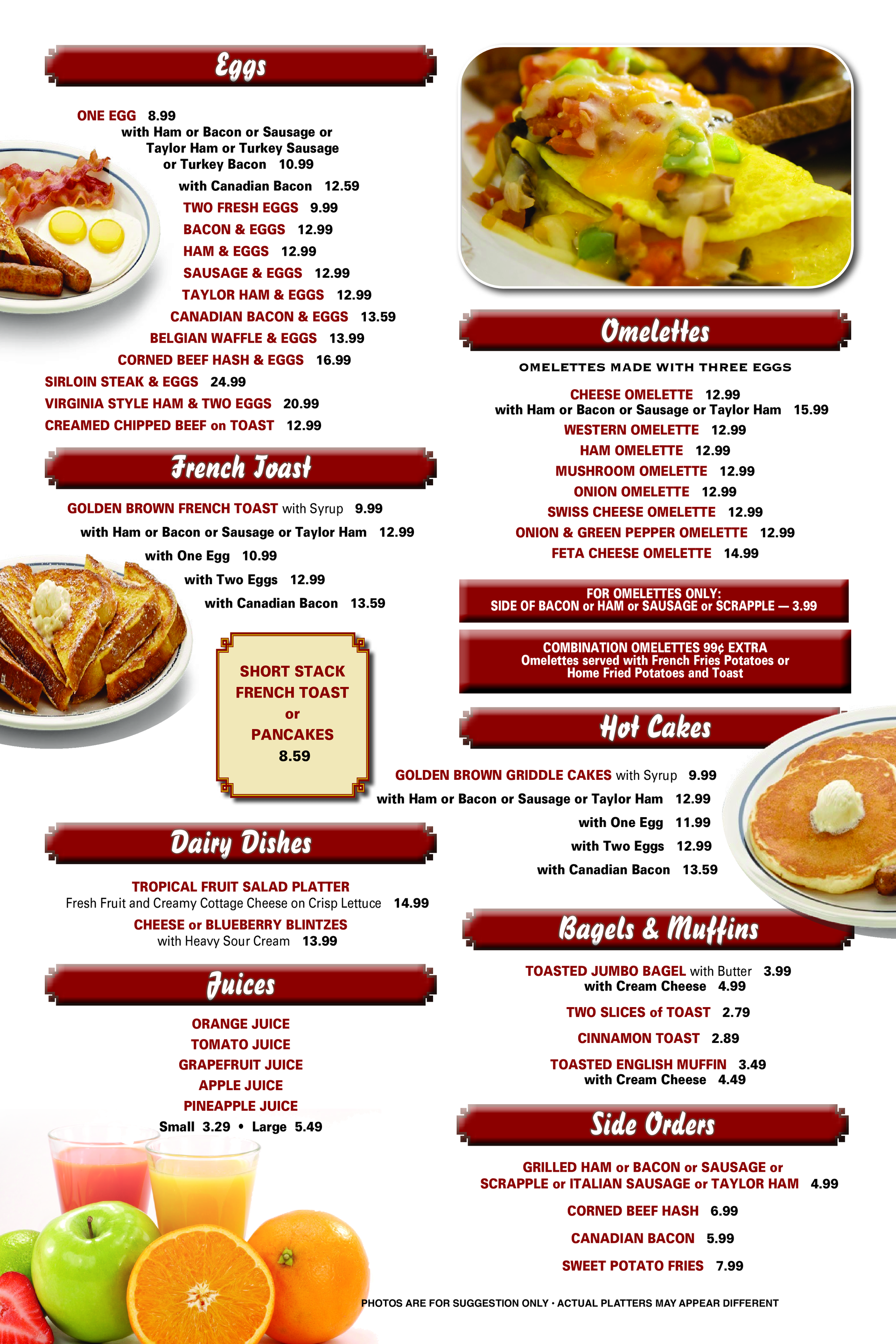a menu for a restaurant includes eggs omelettes and dairy dishes — The Black Horse Breakfast in Ephraim, NJ