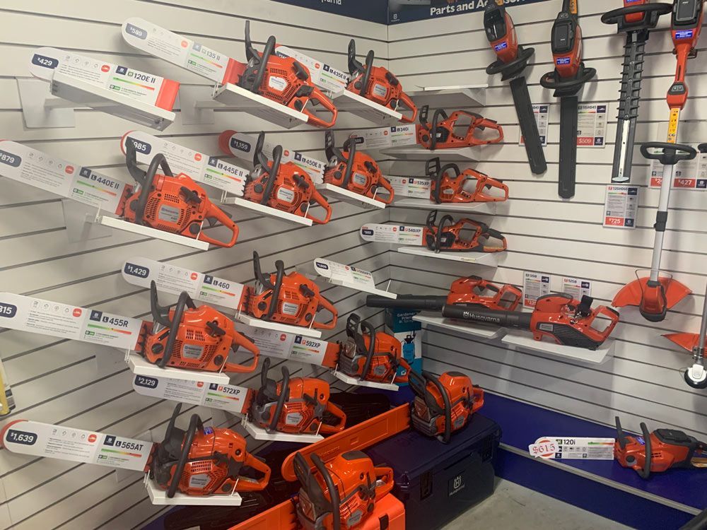 Chainsaw Stock Display On The Shop — Gloucester Outdoor Solutions In Gloucester, NSW