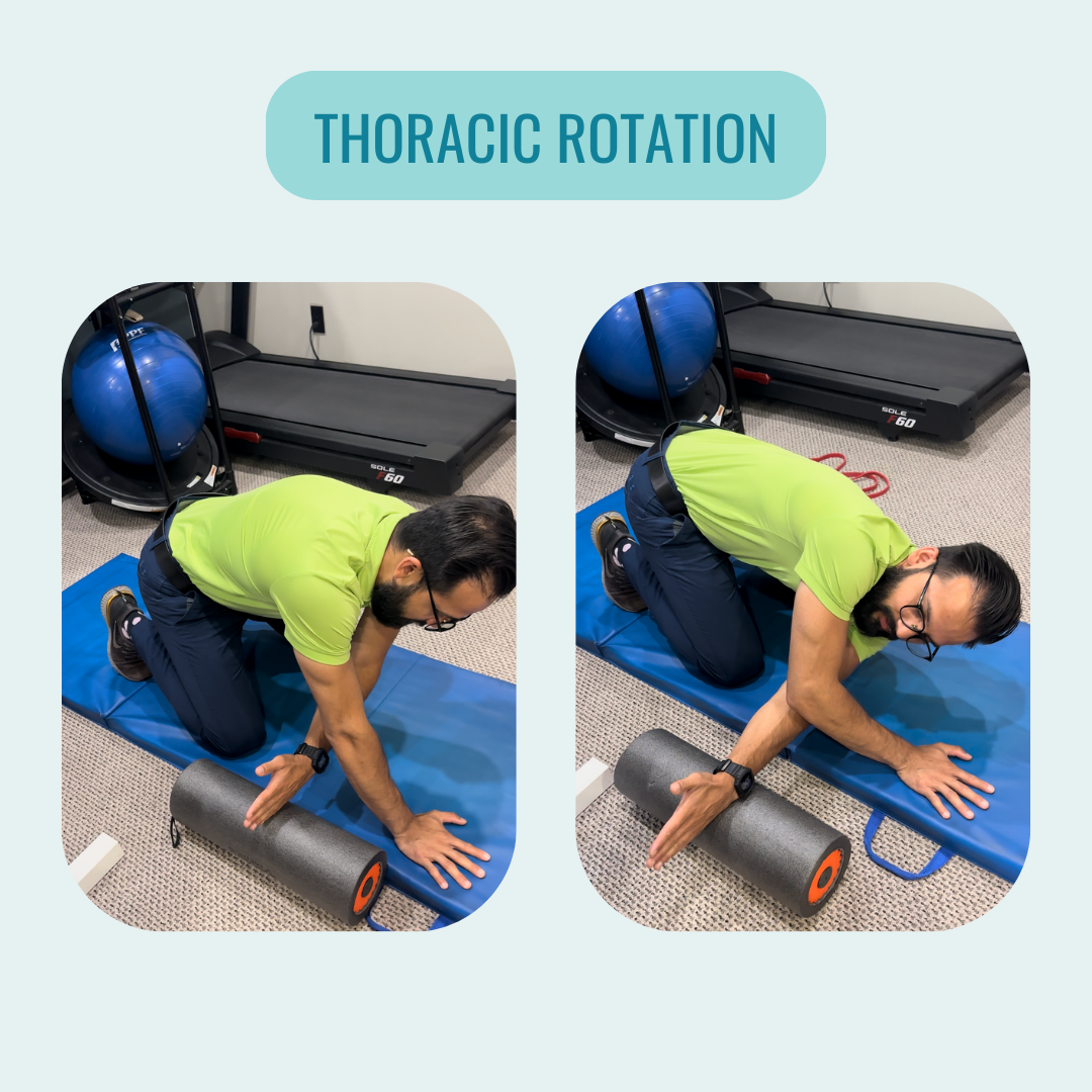 A man is doing a thoracic rotation exercise on a mat.