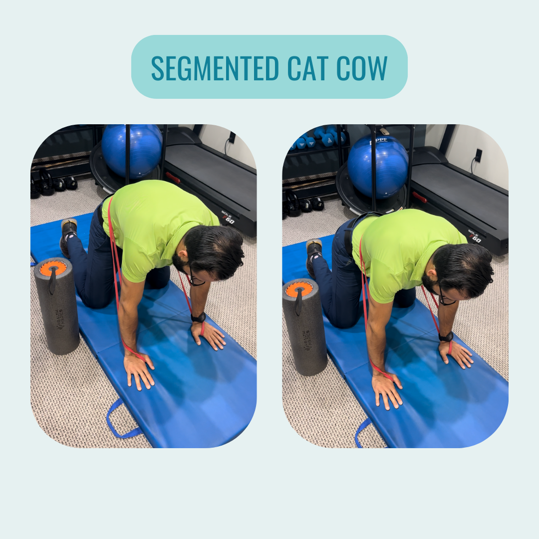 A man is doing a segmented cat cow exercise on a blue mat.