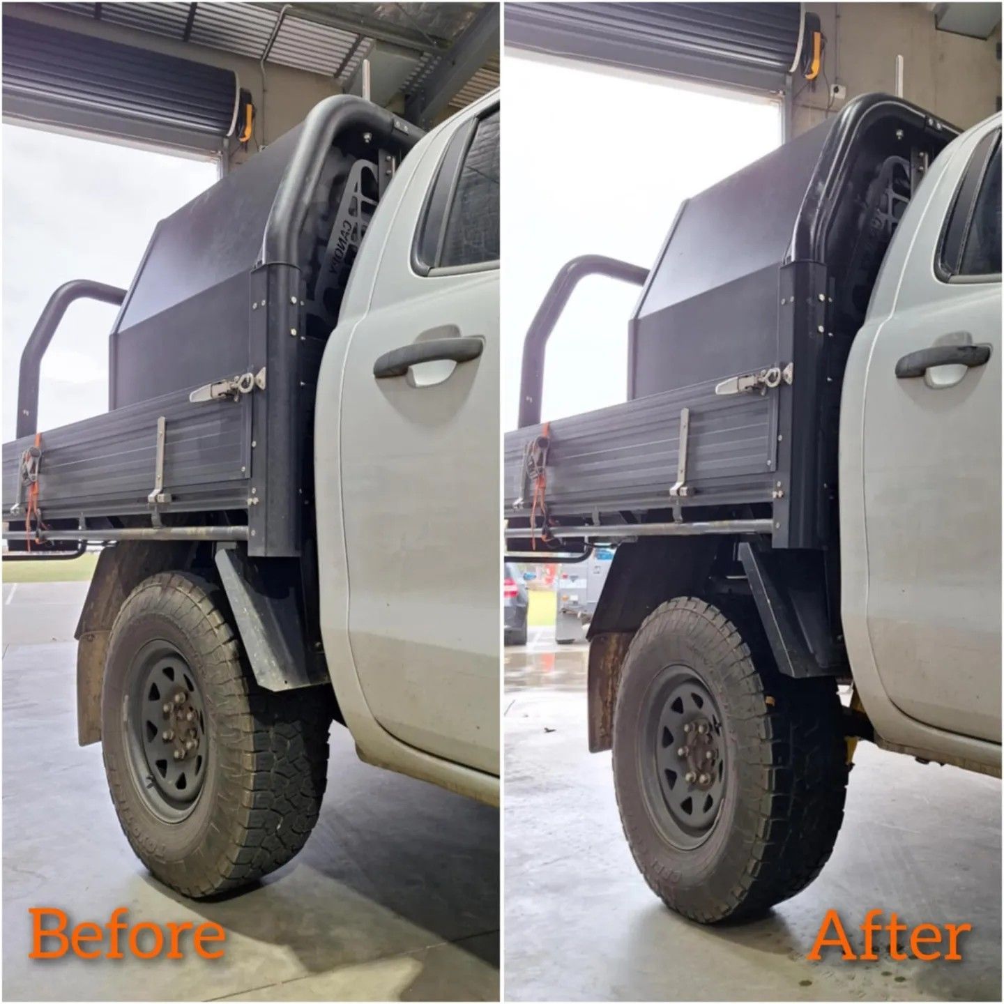 A before and after picture of a truck with a canopy on it.
