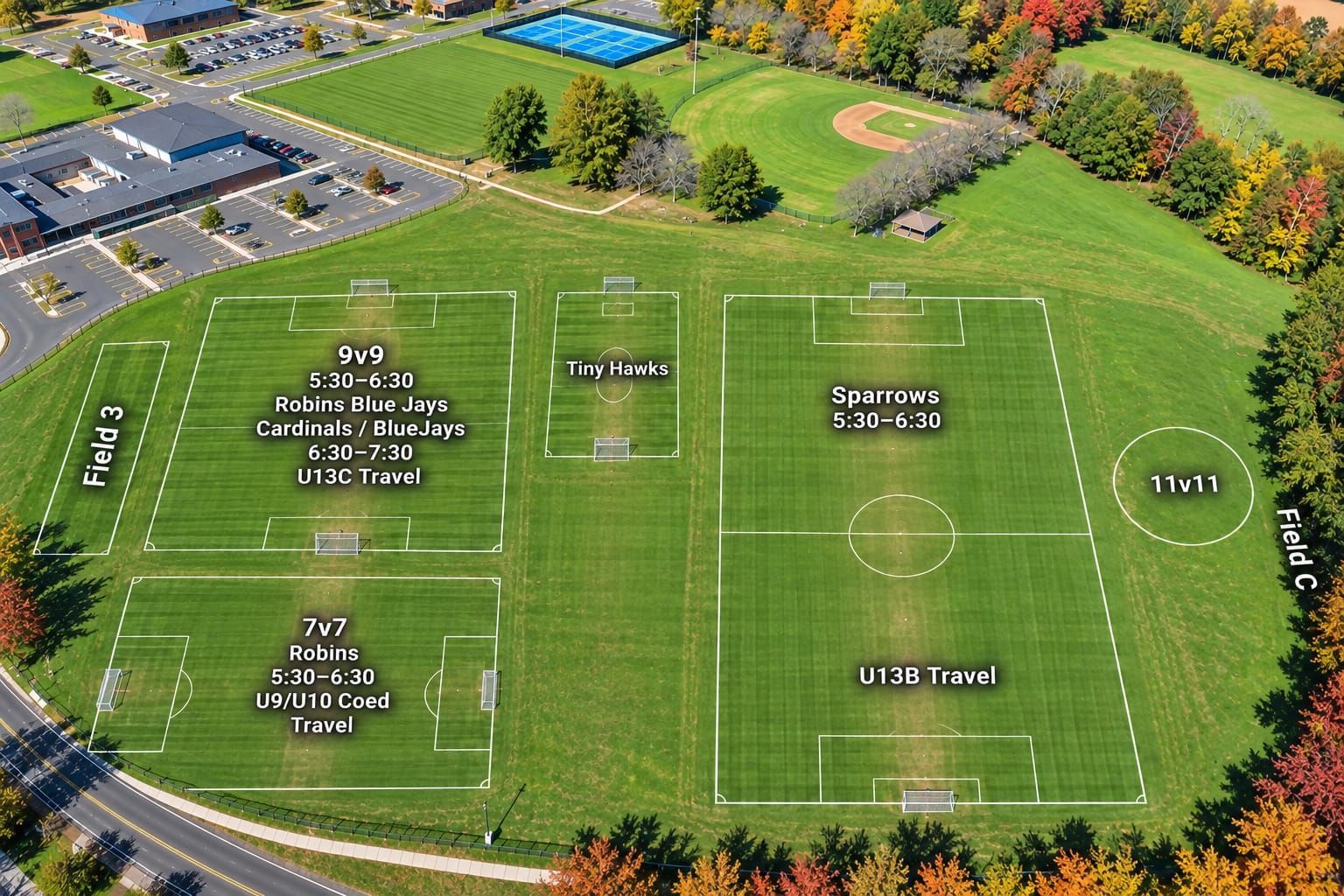 Aerial view of BJSA's home soccer fields with labeled zones