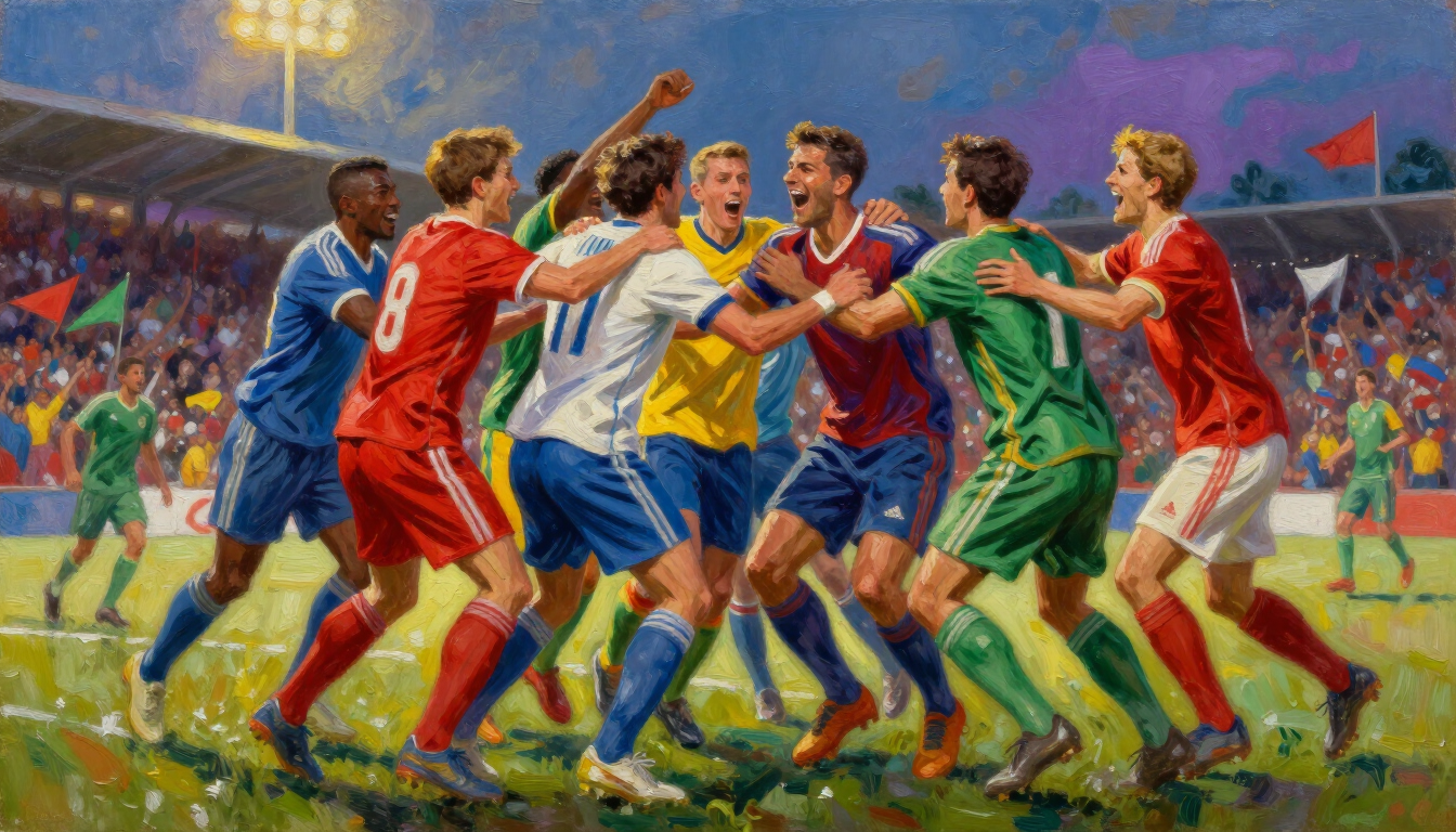 A vibrant artistic representation of football meeting art for charity.