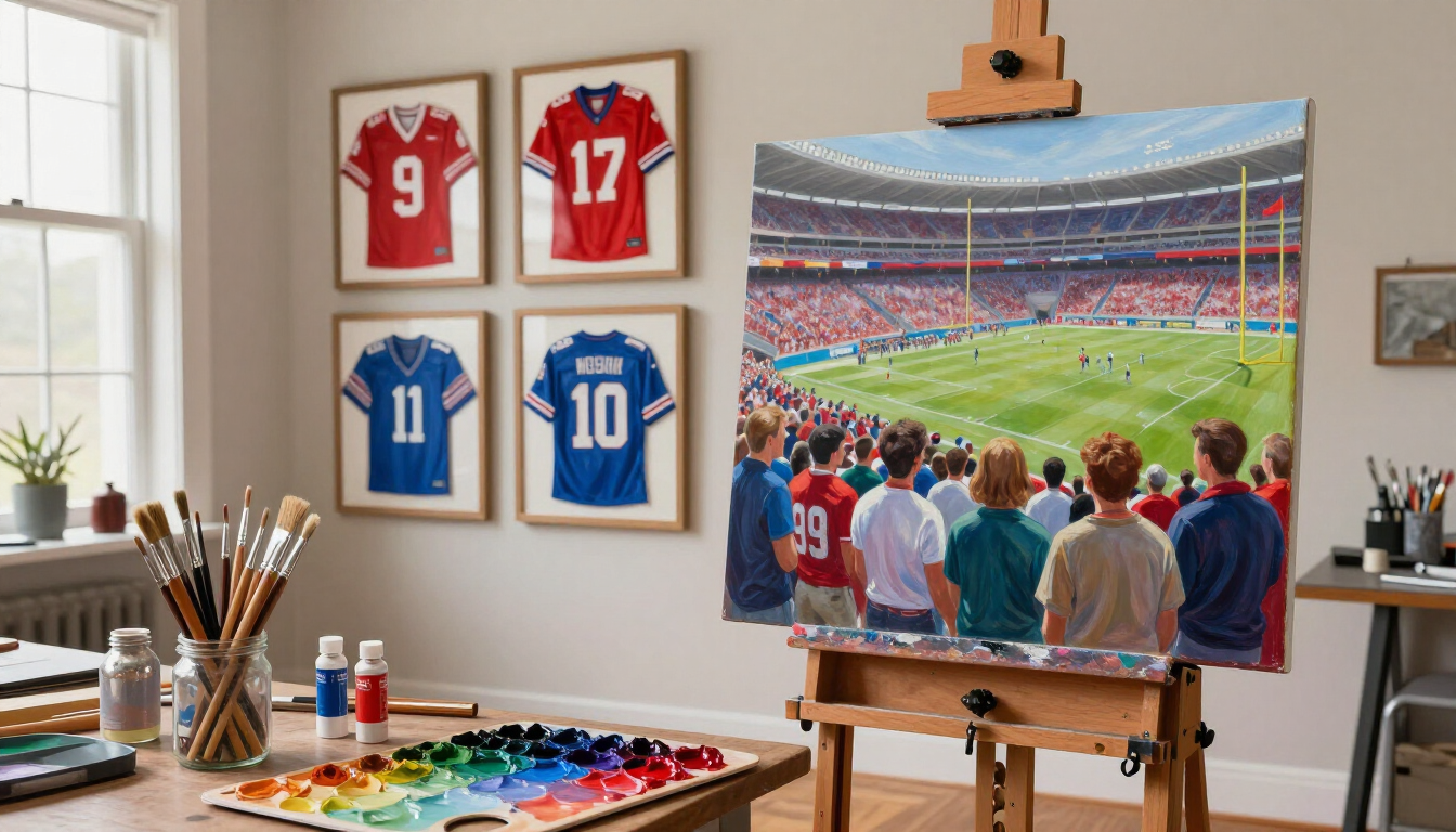 Artist studio with football jerseys