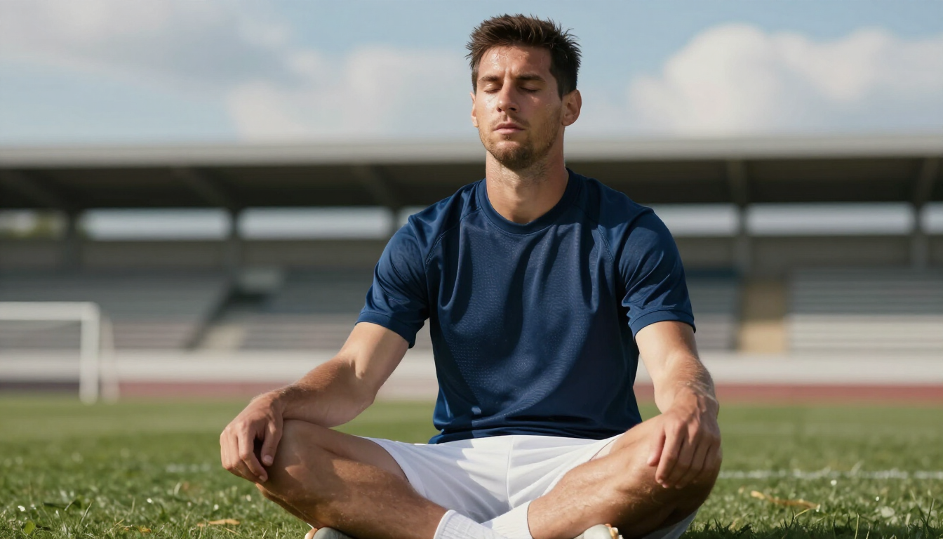 A footballer meditating on the sidelines