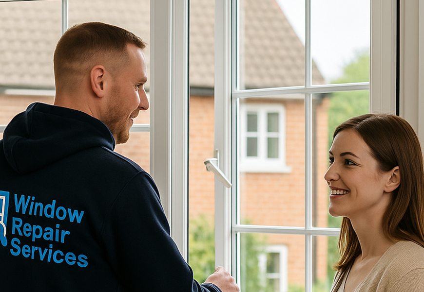A window repair services engineer explaining window issues to a customer. 