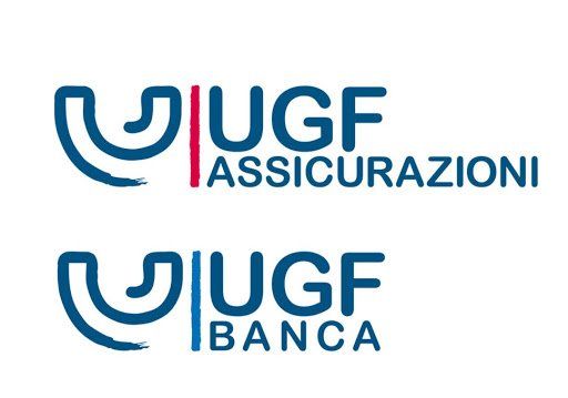 Loghi UGF Assicurazioni e UGF Banca in blu con dettagli rossi su sfondo bianco.