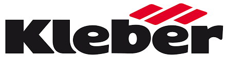 Logo Kleber con testo nero e tre barre diagonali rosse sopra di esso