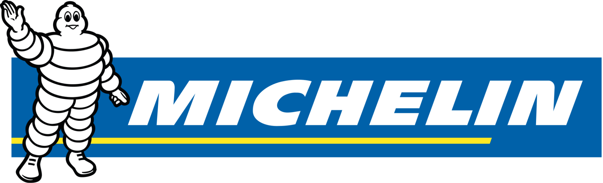 Logo Michelin con la mascotte bianca del pneumatico accanto alla scritta blu su sfondo bianco.
