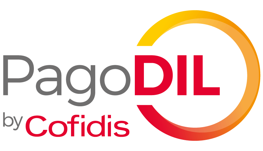 Logo di PagoDIL by Cofidis nei colori grigio, rosso e arancione, con un'icona a forma di freccia circolare arancione-rossa.