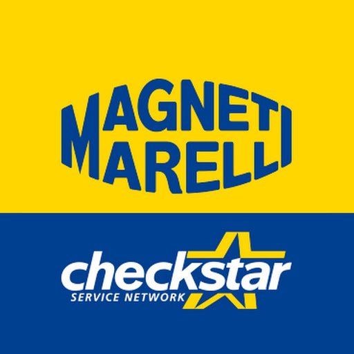 Loghi Magneti Marelli e Checkstar Service Network su sfondo giallo e blu.