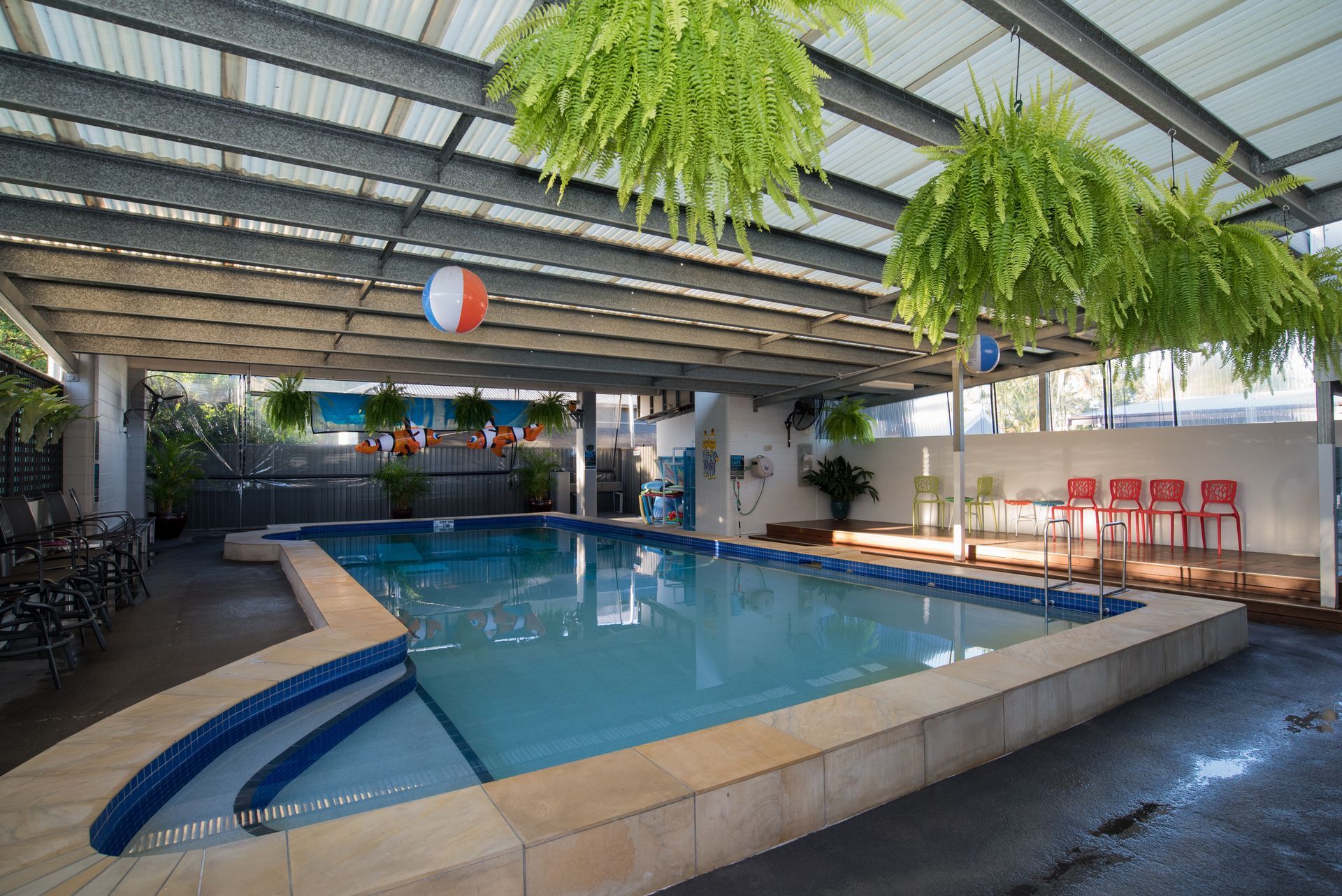 Covered indoor pool with blue water, hanging plants, and lounge chairs beside a wet deck