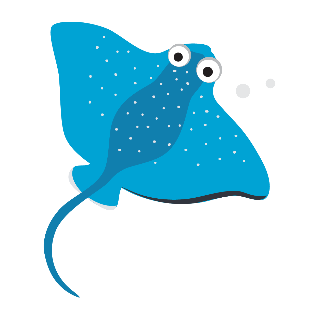 Blue cartoon stingray with big eyes and white spots on a white background
