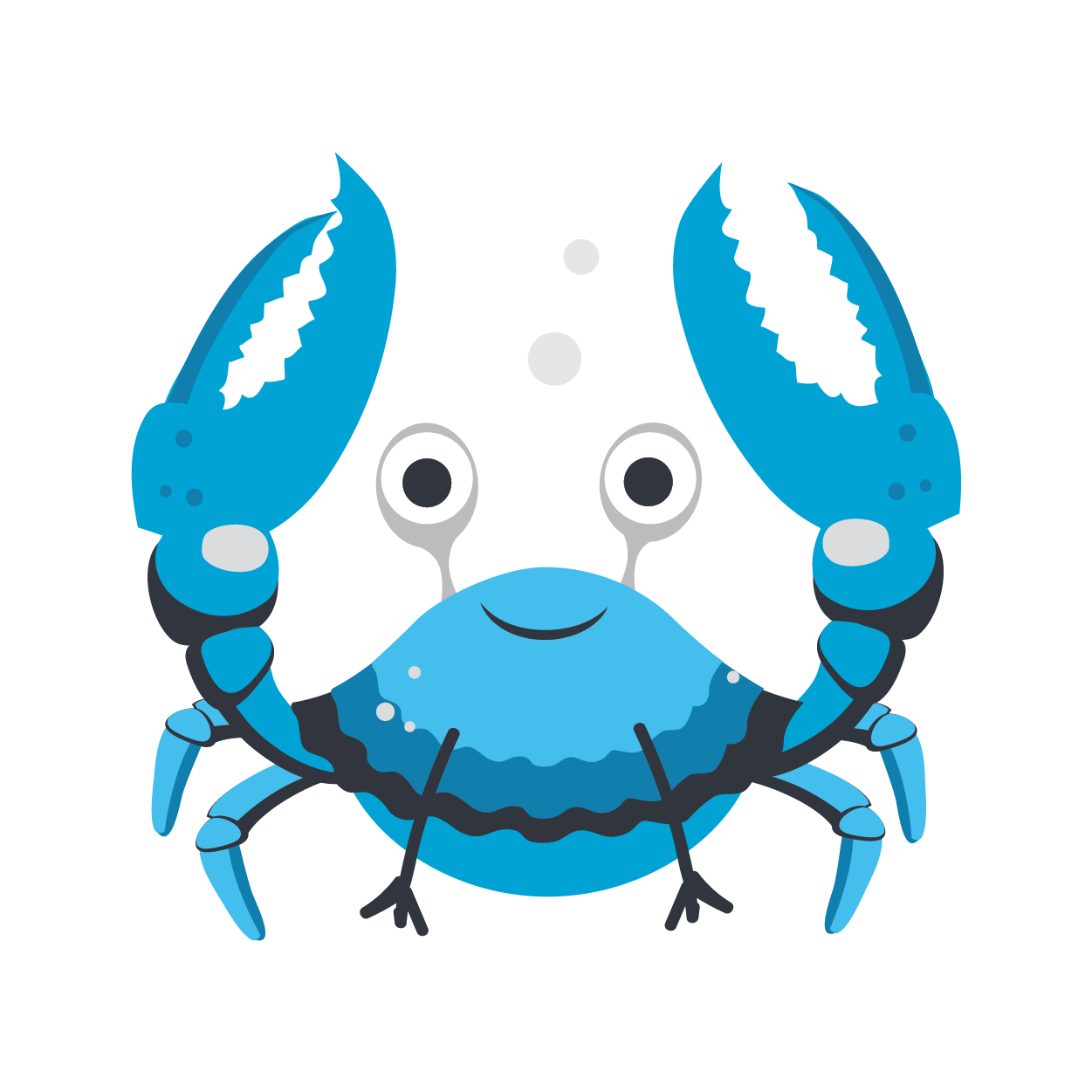 Blue cartoon crab with raised claws and eyes on stalks, centered on a white background
