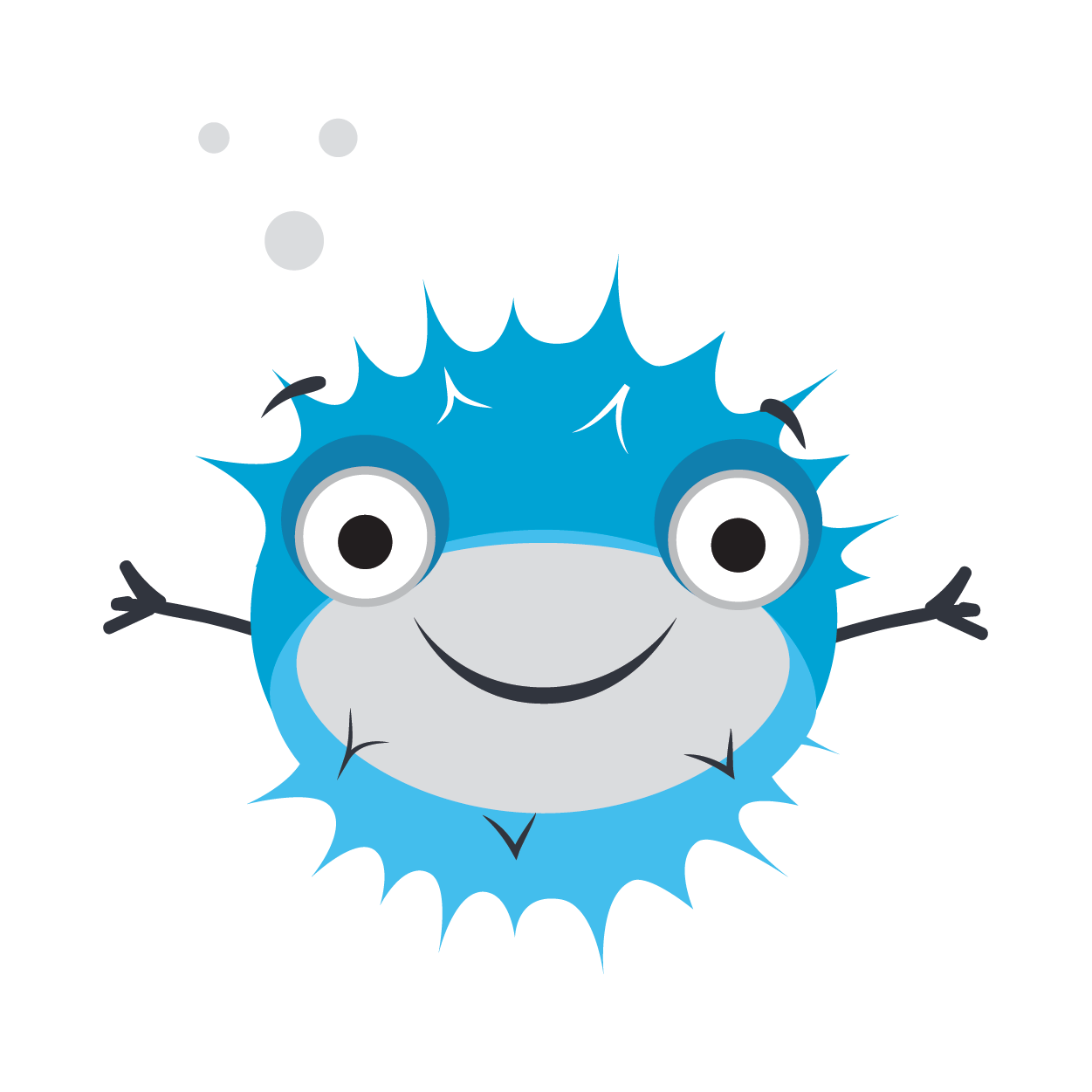 Blue cartoon pufferfish smiling, with bubbles above its head and outstretched fins