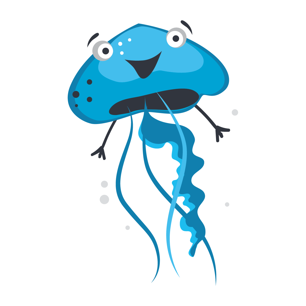 Cute blue cartoon jellyfish with a smiling face, big eyes, and dangling tentacles on a white background