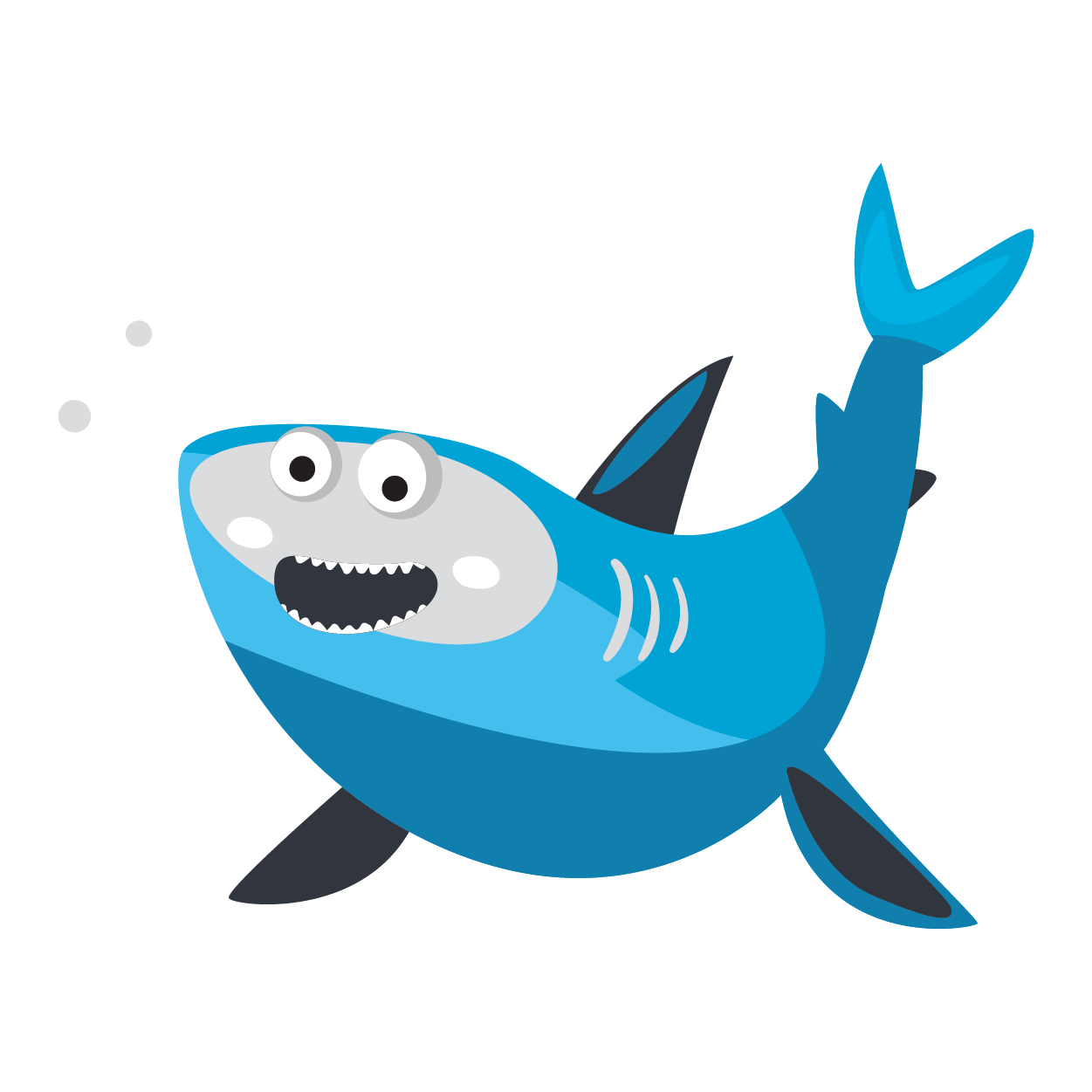 Blue cartoon shark with a big toothy grin and raised tail, swimming on a white background