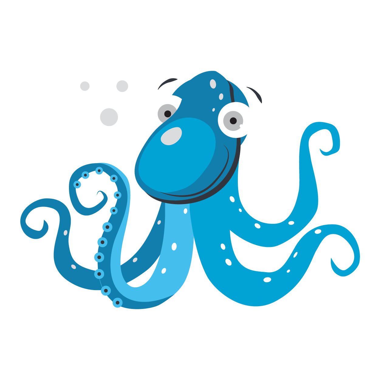 Blue cartoon octopus with curled tentacles and a cheerful expression on a white background