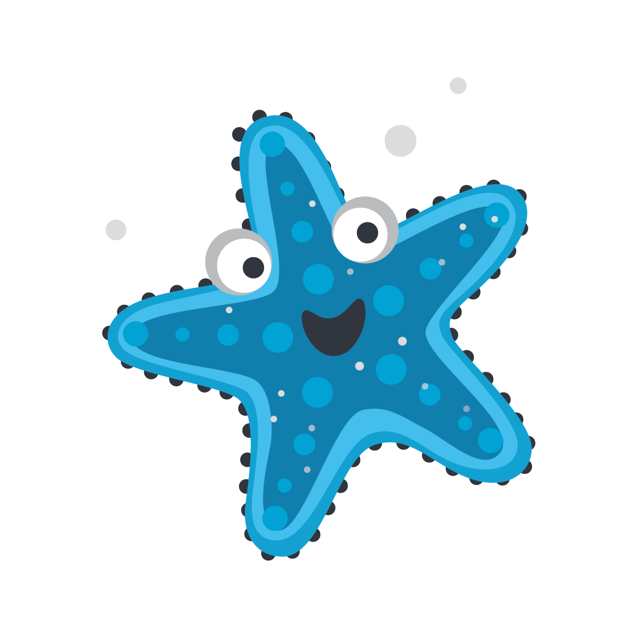 Cute blue cartoon starfish with big eyes and a smiling face, dotted with lighter blue spots